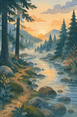 Peaceful Evergreen River Valley at Sunrise
