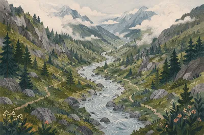 Peaceful River Through Evergreen Mountain Valley