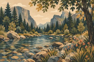 Peaceful River Through Evergreen Valley