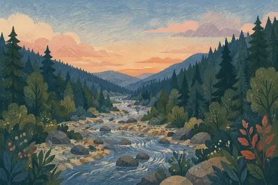 Peaceful River Through Evergreen Valley
