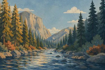 Peaceful Evergreen River Valley at Golden Hour