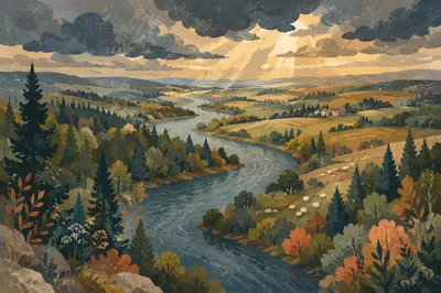 Peaceful River Valley Under Evergreen Skies