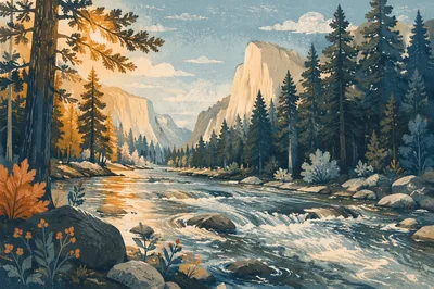 Peaceful River in Evergreen Mountain Valley