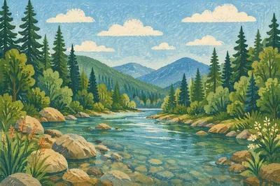 Peaceful River Through Evergreen Valley