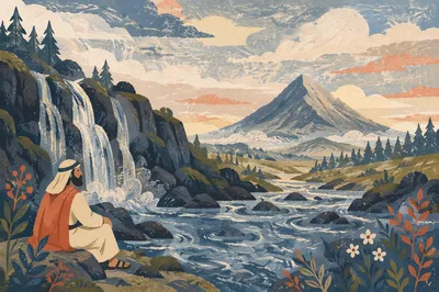 Peaceful River Valley with Mossy Waterfall
