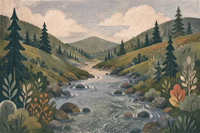 Peaceful River in Evergreen Valley