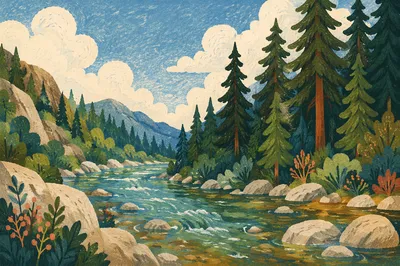 Peaceful River in Evergreen Valley