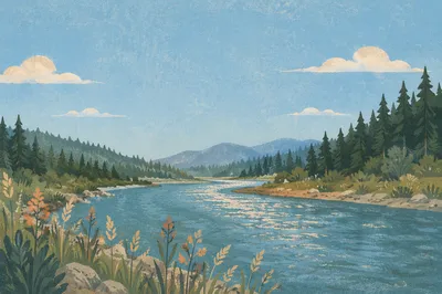 Peaceful Evergreen Valley River Landscape