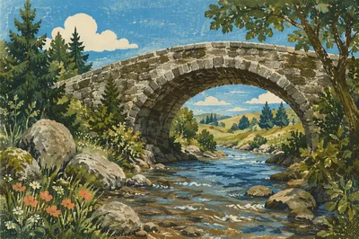 Peaceful River Valley Beneath Stone Bridge