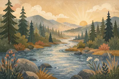 Peaceful Evergreen River Valley at Dawn