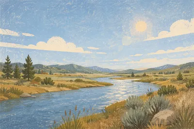 Peaceful River Valley Under Clear Blue Sky