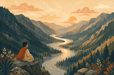 Peaceful River Through Evergreen Mountain Valley