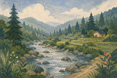 Peaceful River in Evergreen Mountain Valley