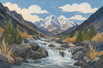 Peaceful River Valley with Evergreen Slopes