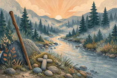 Peaceful River Through Misty Evergreen Valley