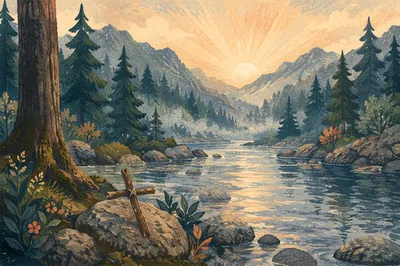 Peaceful Evergreen River Valley with Wooden Cross