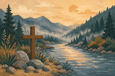 Peaceful River Valley with Wooden Cross