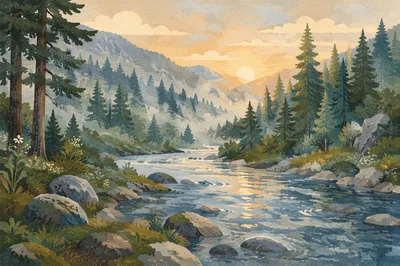 Peaceful Evergreen River Valley at Sunrise