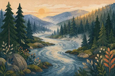 Peaceful River in Evergreen Morning Valley
