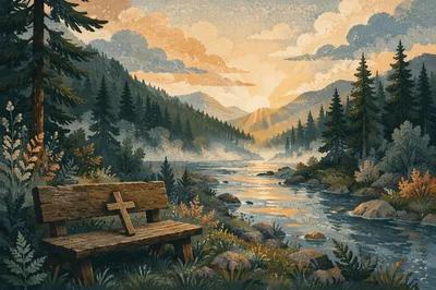 Peaceful Evergreen Valley River With Wooden Cross