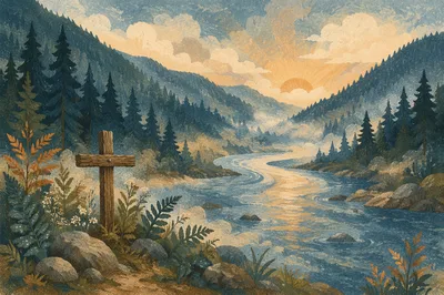 Peaceful River Valley with Humble Cross