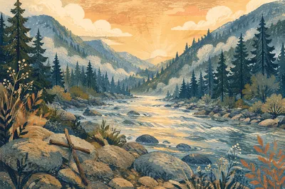 Peaceful Evergreen Valley River at Sunrise
