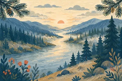 Peaceful River Through Evergreen Valley Dawn