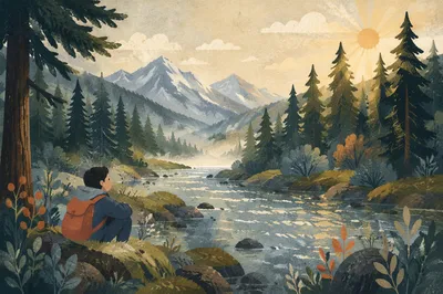 Peaceful River in Evergreen Morning Valley