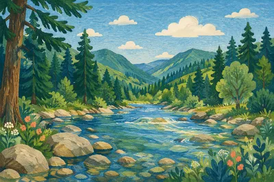 Peaceful Evergreen River Valley Landscape