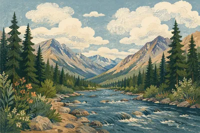 Peaceful River Through Evergreen Mountain Valley