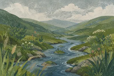Peaceful River Winding Through Evergreen Valley