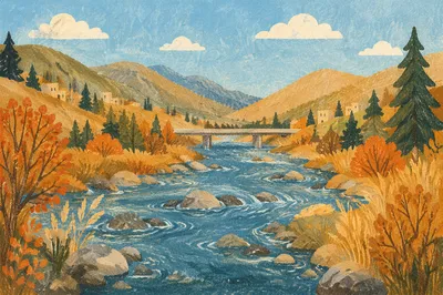 Peaceful River Valley with Evergreen Trees