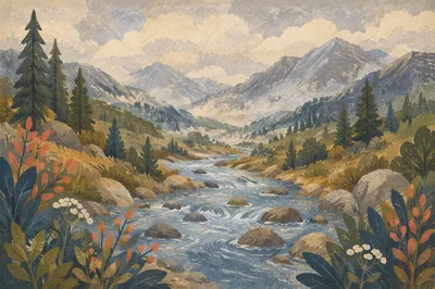 Peaceful River in Misty Evergreen Valley