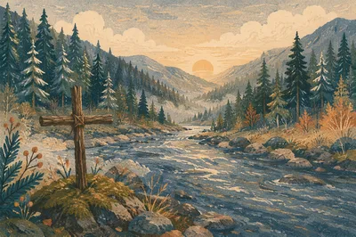 Peaceful Winter River in Evergreen Valley