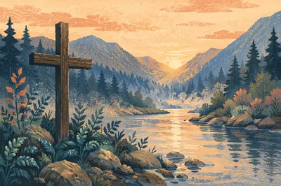Peaceful River Valley With Wooden Cross