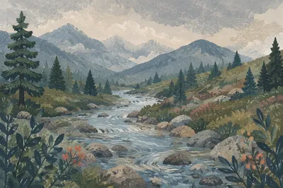 Peaceful River Through Evergreen Valley