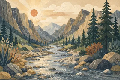 Peaceful Evergreen River in Alpine Valley