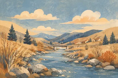 Peaceful River Valley with Evergreen Trees