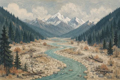 Peaceful Turquoise River Through Evergreen Valley