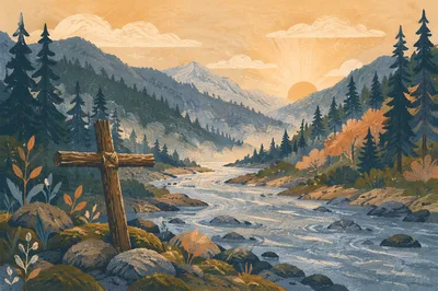 Peaceful Evergreen River Valley with Wooden Cross