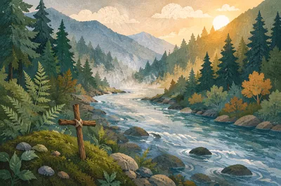 Peaceful Evergreen Valley River at Dawn