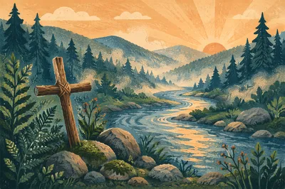 Peaceful River Valley With Wooden Cross