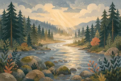 Peaceful River Through Evergreen Valley