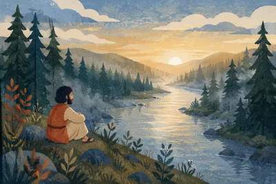 Peaceful Evergreen River Valley at Sunrise