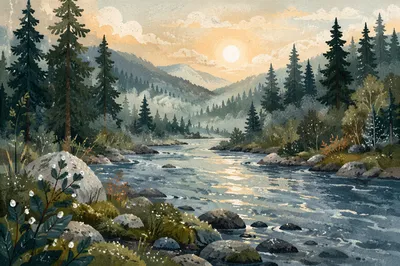 Peaceful River Through Misty Evergreen Valley