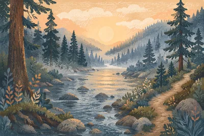 Peaceful Evergreen Valley River at Dawn