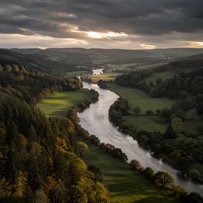 Peaceful River Valley with Evergreen Hills