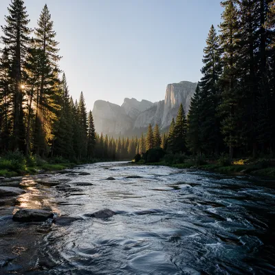 Peaceful River Through Evergreen Mountain Valley