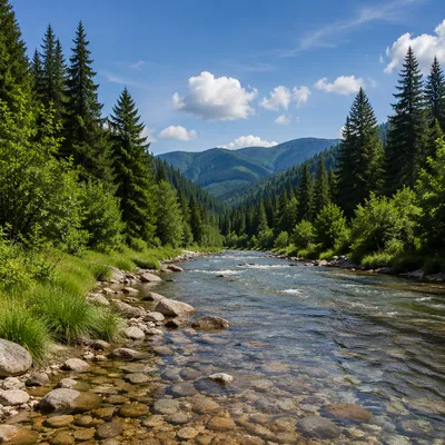 Peaceful Evergreen Valley River Landscape