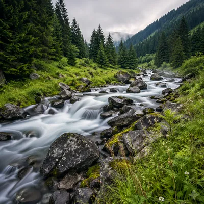 Peaceful Evergreen Valley River Waterfall
